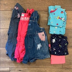 12 month girls bundle, romper, pajamas, overalls